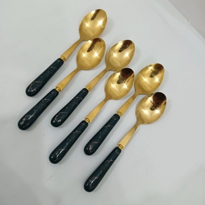 Picture of 6 pcs golden color tea spoon ciramic handle tea spoon Blue color handle-Gold