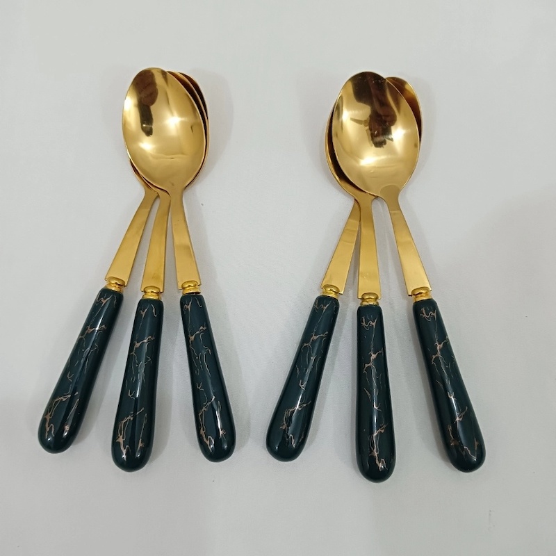 Picture of 6 pcs golden color tea spoon ciramic handle tea spoon Blue color handle-Gold