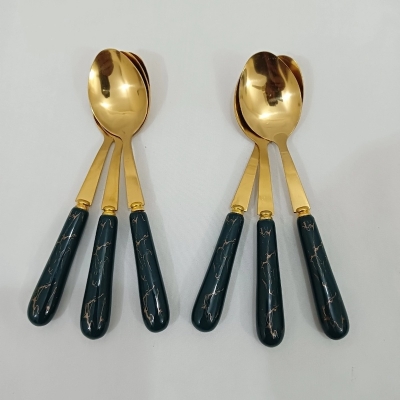 Picture of 6 pcs golden color tea spoon ciramic handle tea spoon Blue color handle-Gold