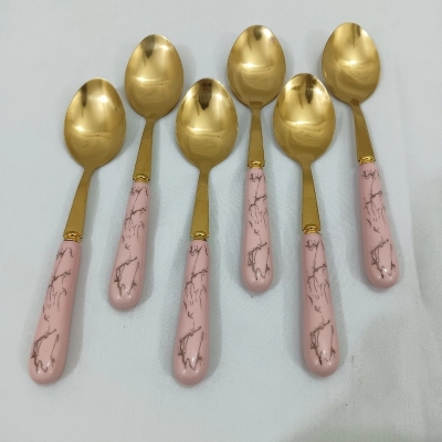 Picture of 6 pcs golden color tea spoon ciramic handle tea spoon pink color handle-Gold