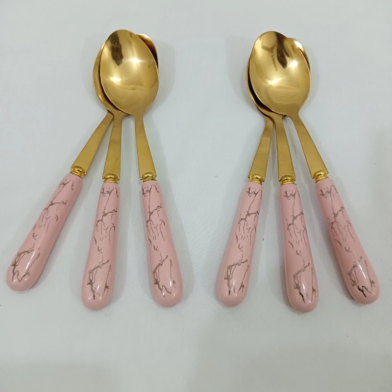 Picture of 6 pcs golden color tea spoon ciramic handle tea spoon pink color handle-Gold
