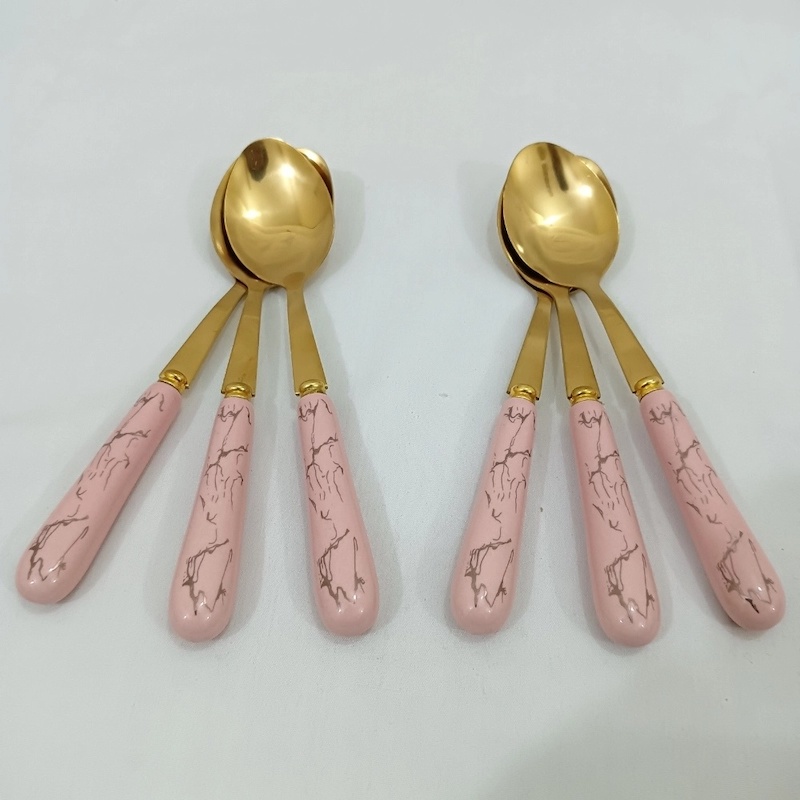 Picture of 6 pcs golden color tea spoon ciramic handle tea spoon pink color handle-Gold