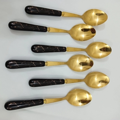 Picture of 6 pcs golden color tea spoon ciramic handle tea spoon Black color handle-Gold