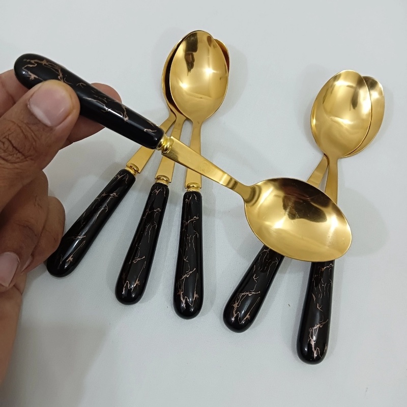 Picture of 6 pcs golden color tea spoon ciramic handle tea spoon Black color handle-Gold