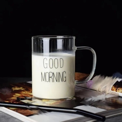 Picture of 1 pcs 450ml Good Morning Glass Mug Coffee Milk Breakfast Cup Tumbler with Handle Transparent Drinkware Household Gift-Clear