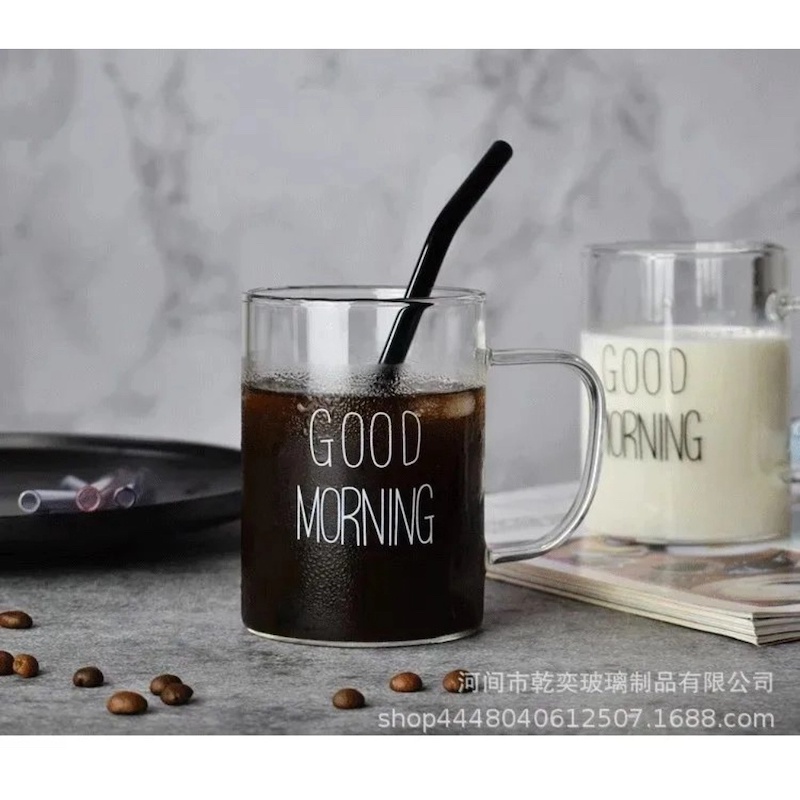 Picture of 1 pcs 450ml Good Morning Glass Mug Coffee Milk Breakfast Cup Tumbler with Handle Transparent Drinkware Household Gift-Clear