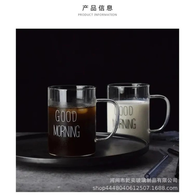 Picture of 1 pcs 450ml Good Morning Glass Mug Coffee Milk Breakfast Cup Tumbler with Handle Transparent Drinkware Household Gift-Clear