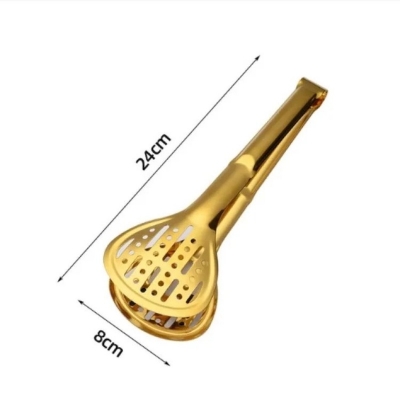 Picture of Stainless Steel Shell Hollow Food Tongs Non-Stick Barbecue Steak Clip Long Handle Buffet Tweezers Utensils for Home Kitchen golden color-Gold