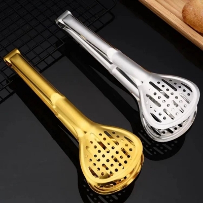 Picture of Stainless Steel Shell Hollow Food Tongs Non-Stick Barbecue Steak Clip Long Handle Buffet Tweezers Utensils for Home Kitchen golden color-Gold