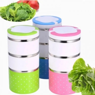 Picture of Stainless Steel Leak Proof 3 Layer Printed Lunch Box Picnic Food Container Tiffin Hot Thermal Box with Handle Lunch Container Box Picnic Food Container Tiffin Box for Outdoor-Blue