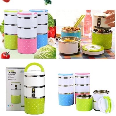 Picture of Stainless Steel Leak Proof 3 Layer Printed Lunch Box Picnic Food Container Tiffin Hot Thermal Box with Handle Lunch Container Box Picnic Food Container Tiffin Box for Outdoor-Blue