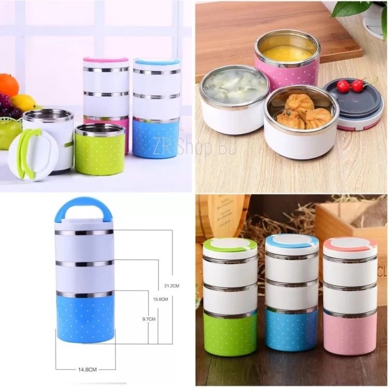 Picture of Stainless Steel Leak Proof 3 Layer Printed Lunch Box Picnic Food Container Tiffin Hot Thermal Box with Handle Lunch Container Box Picnic Food Container Tiffin Box for Outdoor-Blue