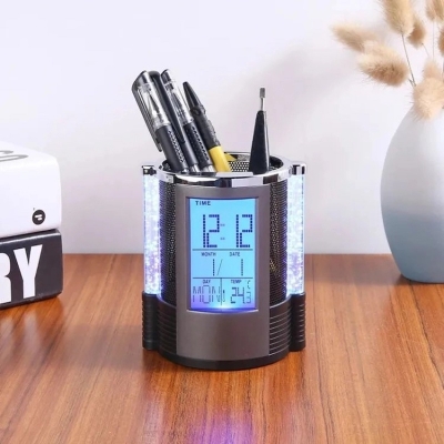 Picture of Digital LCD Desk Alarm Clock Pen Holder Mesh Pen Pencil Holder With LED Light Pens Rulers Office Desk Organizer-Silver