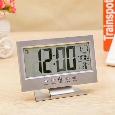 Picture of Acoustic Control Sensing Table Alarm Clock Thermometer Humidity Meter Calendar Backlight Digital Clock for Student-Silver