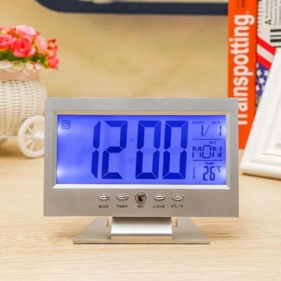Picture of Acoustic Control Sensing Table Alarm Clock Thermometer Humidity Meter Calendar Backlight Digital Clock for Student-Silver