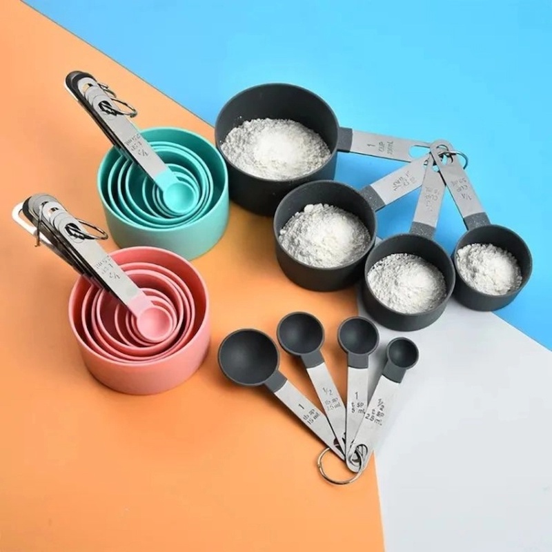 Picture of 8 pcs Baking Tools Kitchen Measuring Spoon Set Stainless Steel Handle Cup With Scale Gadgets-Multicolor