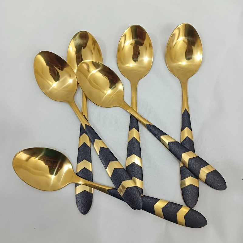 Picture of 6 pcs golden color tea spoon 16cm long golden color tea spoon best for cutlery tableware-Black