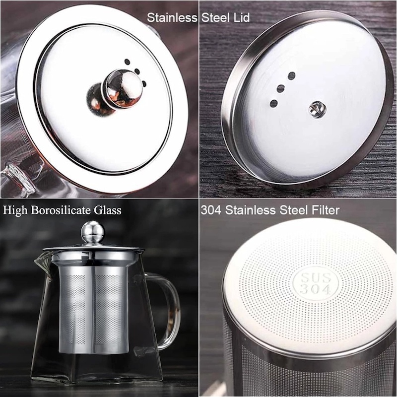 Picture of Square Glass Tea Pot, Borosilicate Glass Teapot, Loose Leaf Tea Kettle, 750 ml Borosilicate Glass Heat Resistant Clear Leaf Teapot with Infuser Strainer for Microwavable and Stovetop Safe-Clear