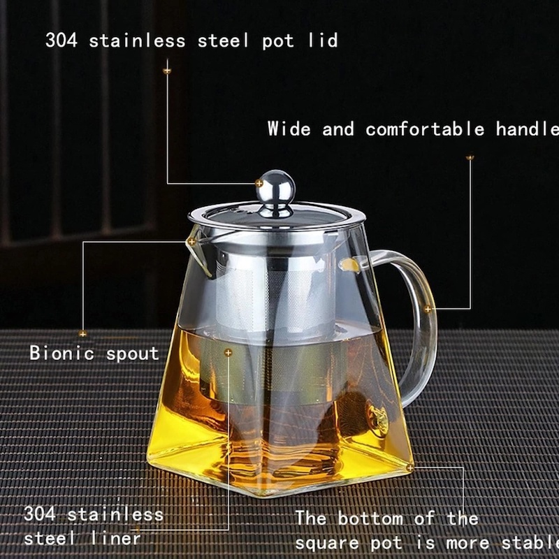 Picture of Square Glass Tea Pot, Borosilicate Glass Teapot, Loose Leaf Tea Kettle, 750 ml Borosilicate Glass Heat Resistant Clear Leaf Teapot with Infuser Strainer for Microwavable and Stovetop Safe-Clear