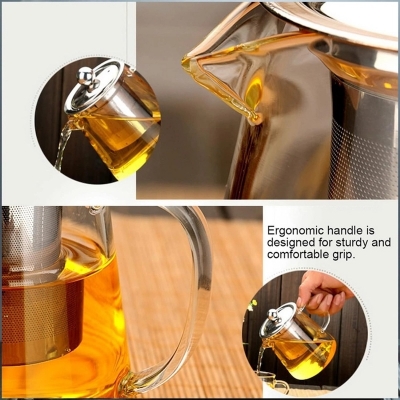 Picture of 900ml Square Glass Teapot with Heat Resistant Stainless Steel Infuser, Borosilicate Glass Teapot, Glass Tea Kettle-Clear