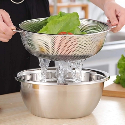 Picture of Stainless Steel Mesh Micro-Perforated Strainer Colander with Handle Set of 6, Metal Colander Perforated Strainer for Kitchen Pasta/Vegetable/Rice/Fruit/Food - Dishwasher Safe-Silver