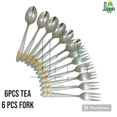 Picture of AYD 12 pcs stainless steel tea and Fork spoon golden design Magnet free fork spoon for Tableware 6 pcs tea and 6 pcs fork spoon-Silver
