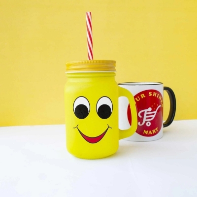 Picture of 1 pcs Emoji Yellow Glass Mug With Straw-Yellow