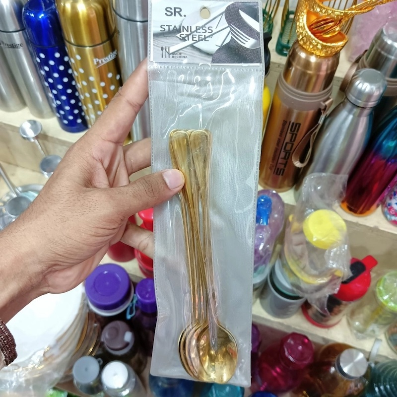 Picture of 6 pcs golden color Long Handle pickling spoon 6 Pieces Stainless Steel Teaspoon Coffee Dessert Mixing Spoon Round Soup Spoon 8 inches-Gold