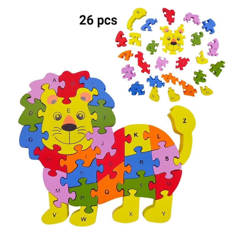 Picture of 1 PCS Wooden Jigsaw Puzzle For Kids Numbers Letters Lion for Toddler-Multicolor