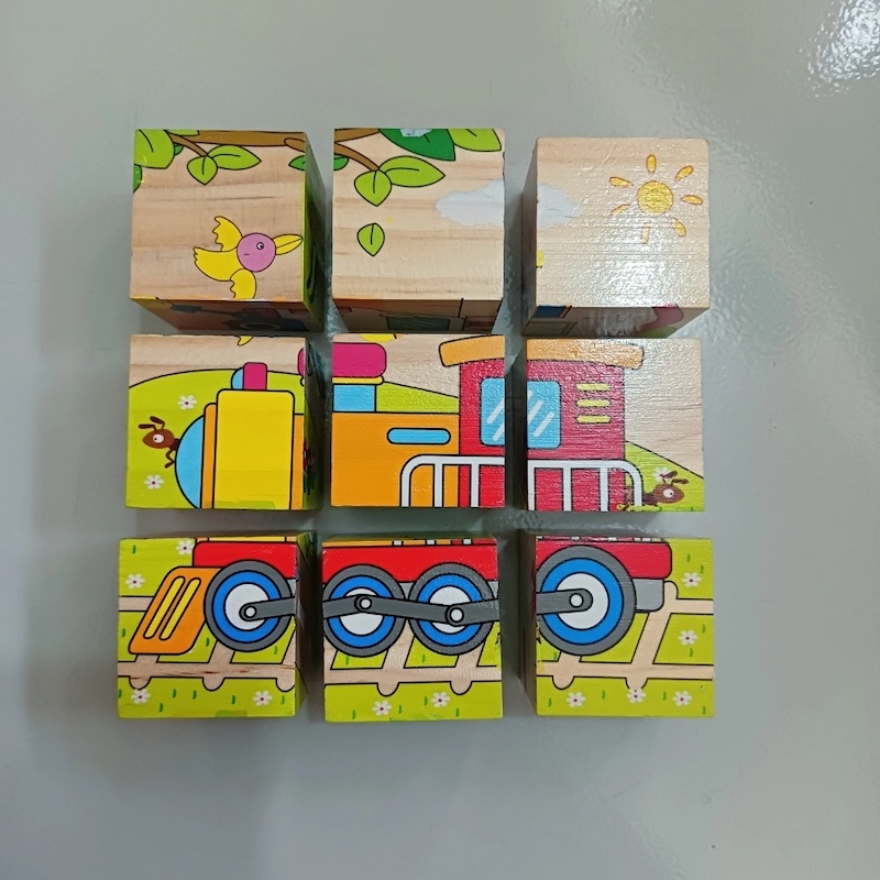 Picture of Children's Cartoon Wooden Puzzle Nine Blocks Six-sided Intelligence 3D Animal Cubes Baby Educational Toys 1PC-Multicolor