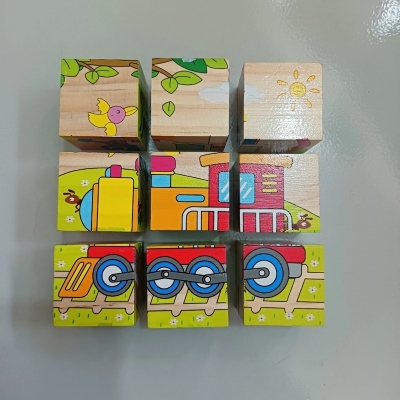 Picture of Children's Cartoon Wooden Puzzle Nine Blocks Six-sided Intelligence 3D Animal Cubes Baby Educational Toys 1PC-Multicolor