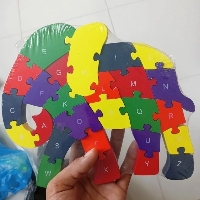 Picture of Kids Wooden Puzzle Colorful Cartoon Animal Traffic 26 English Letter Enlightenment Educational Jigsaw Puzzle Toys-Elephant-Multicolor