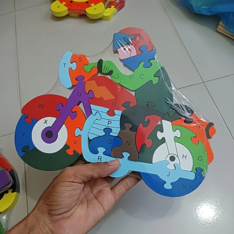 Picture of 3D Wooden Cartoon Puzzle Motorcycle Colorful Jigsaw Number and Alphabet 26 Letters For Kids Learning Educational Toys-Multicolor