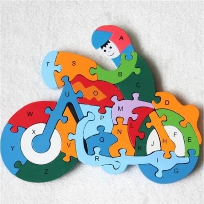 Picture of 3D Wooden Cartoon Puzzle Motorcycle Colorful Jigsaw Number and Alphabet 26 Letters For Kids Learning Educational Toys-Multicolor