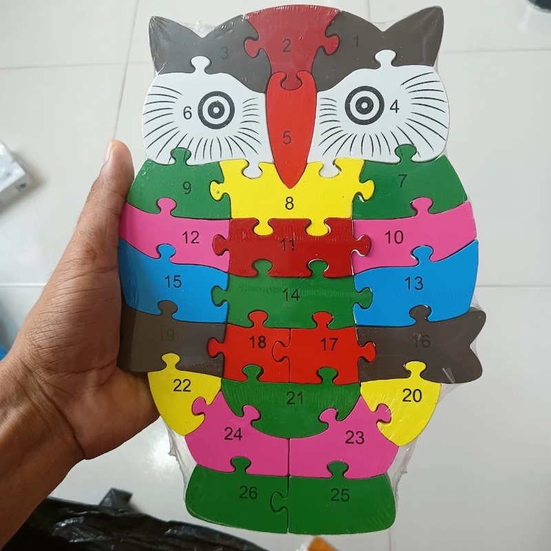 Picture of Kids Wooden Block Puzzle Animal Wooden Abc Puzzles Mystery Puzzle Alphabet Puzzle Preschool Gift-Owl-Multicolor