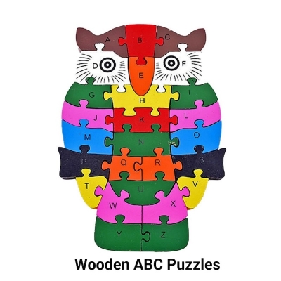 Picture of Kids Wooden Block Puzzle Animal Wooden Abc Puzzles Mystery Puzzle Alphabet Puzzle Preschool Gift-Owl-Multicolor