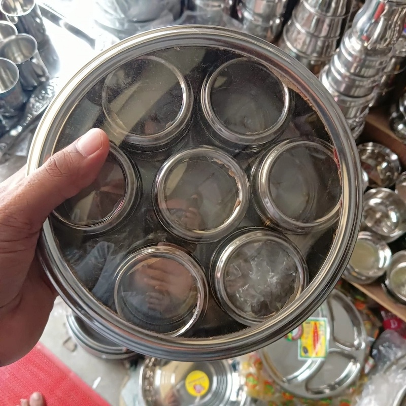 Picture of 7 Pcs Stainless Steel Masala Dabba Spice Box With Transparent Fiberglass Lids-Silver
