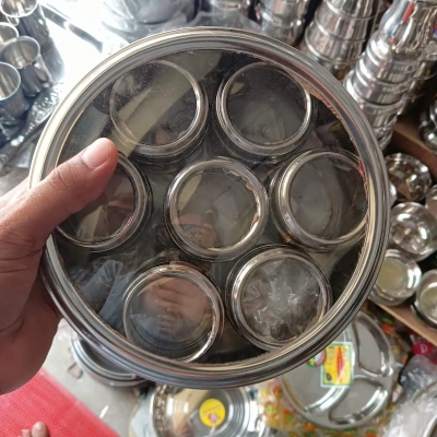 Picture of 7 Pcs Stainless Steel Masala Dabba Spice Box With Transparent Fiberglass Lids-Silver