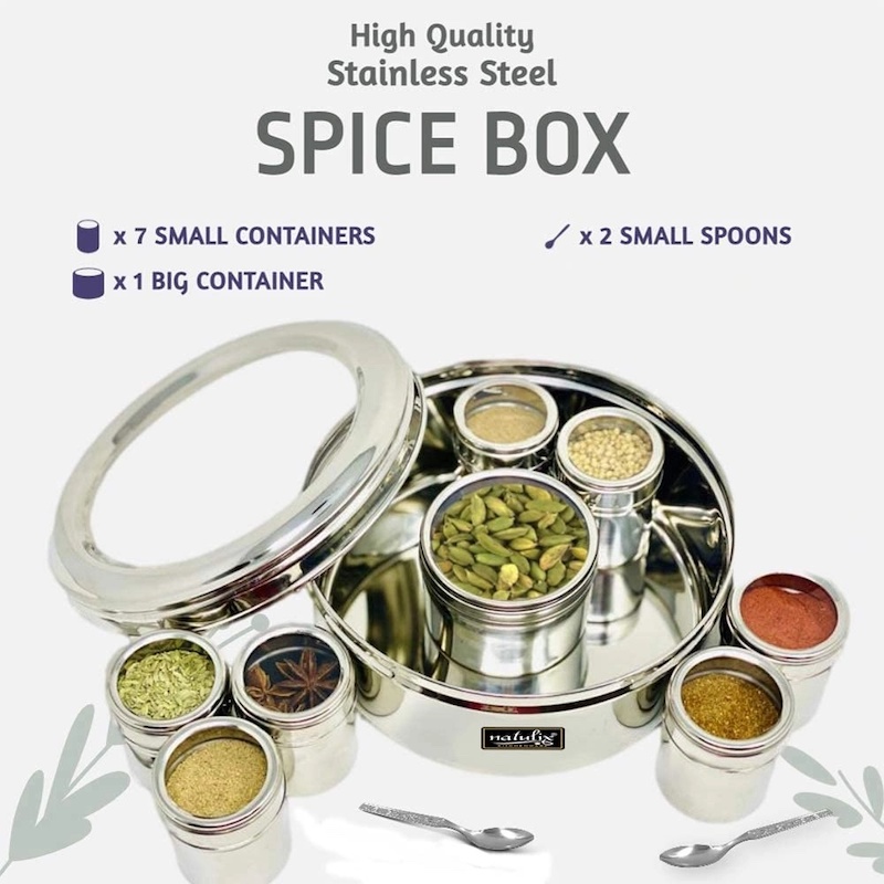 Picture of 7 Pcs Stainless Steel Masala Dabba Spice Box With Transparent Fiberglass Lids-Silver
