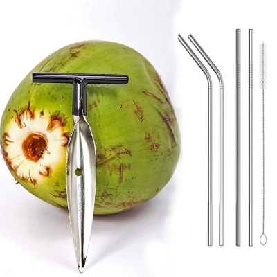 Picture of Coconut Opener Tool + 4 pcs Stainless steel Straw and cleaning Brush for Fresh GREEN Young Fruit Black Rubber Handle EZ Easy Grip SAFE with Stainless Steel Drinking-Silver