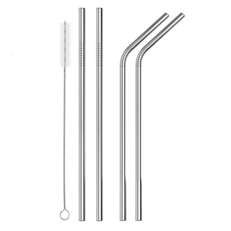 Picture of Coconut Opener Tool + 4 pcs Stainless steel Straw and cleaning Brush for Fresh GREEN Young Fruit Black Rubber Handle EZ Easy Grip SAFE with Stainless Steel Drinking-Silver