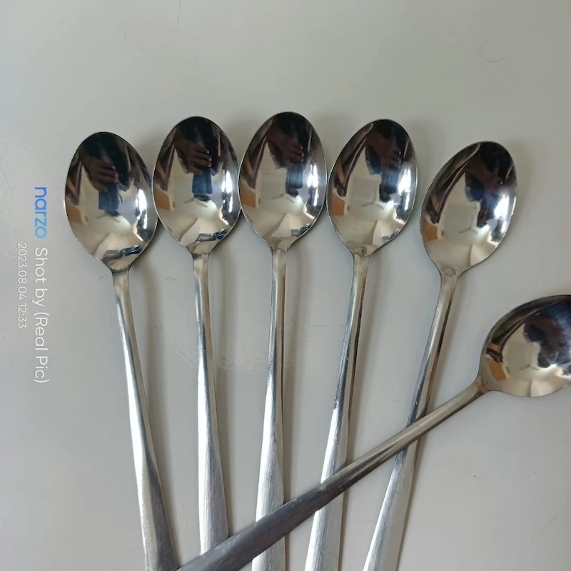 Picture of 6 pcs Rosy Long Handle pickling spoon 6 Pieces Stainless Steel Teaspoon Coffee Dessert Mixing Spoon Round Soup Spoon 8 inches-Silver