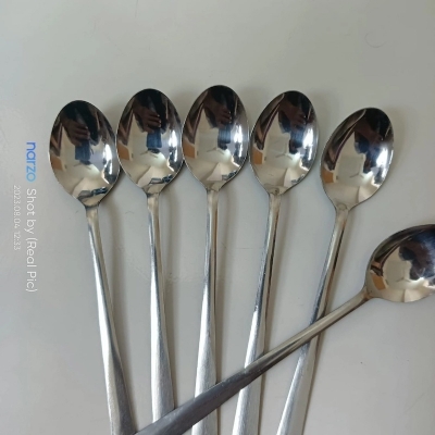 Picture of 6 pcs Rosy Long Handle pickling spoon 6 Pieces Stainless Steel Teaspoon Coffee Dessert Mixing Spoon Round Soup Spoon 8 inches-Silver