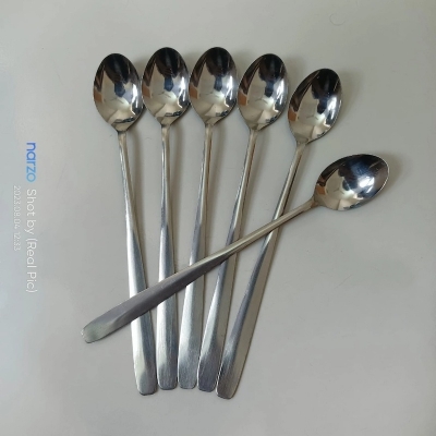 Picture of 6 pcs Rosy Long Handle pickling spoon 6 Pieces Stainless Steel Teaspoon Coffee Dessert Mixing Spoon Round Soup Spoon 8 inches-Silver