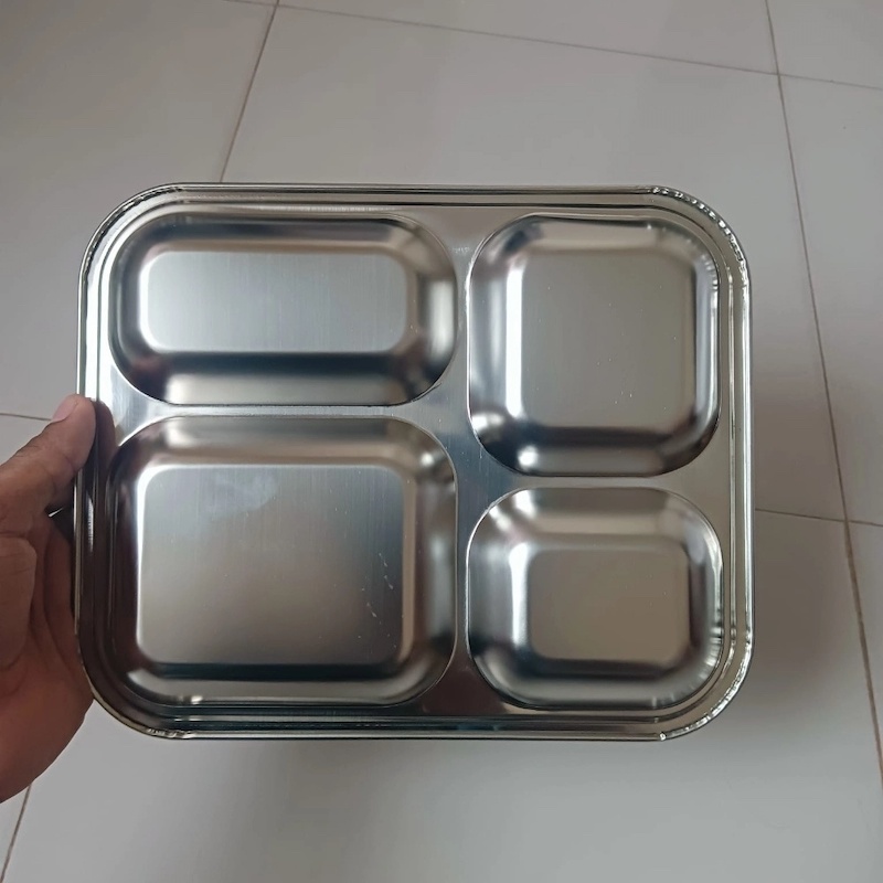 Picture of 1 PCS 4 compartment Stainless Steel Cafeteria Tray silver 8*10 inches-Silver