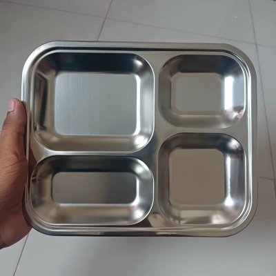 Picture of 1 PCS 4 compartment Stainless Steel Cafeteria Tray silver 8*10 inches-Silver