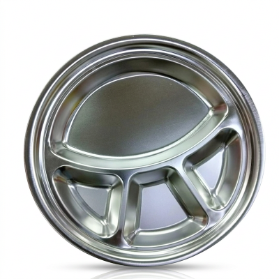 Picture of 1 pcs 4 compartment round food tray for School Canteen or home Stainless steel non magnet Food try plate 28 cm-Silver