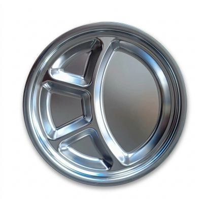 Picture of 1 pcs 4 compartment round food tray for School Canteen or home Stainless steel non magnet Food try plate 26cm-Silver