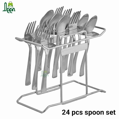 Picture of 24 pcs Stainless Steel Spoon with Stand/Spoon Holder/Cutlery Rack for Kitchen & Dinning Table silver color 25 pcs set (with stand)-Silver