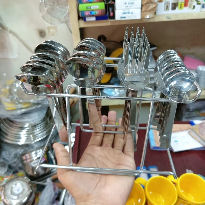Picture of 24 pcs Stainless Steel Spoon with Stand/Spoon Holder/Cutlery Rack for Kitchen & Dinning Table silver color 25 pcs set (with stand)-Silver